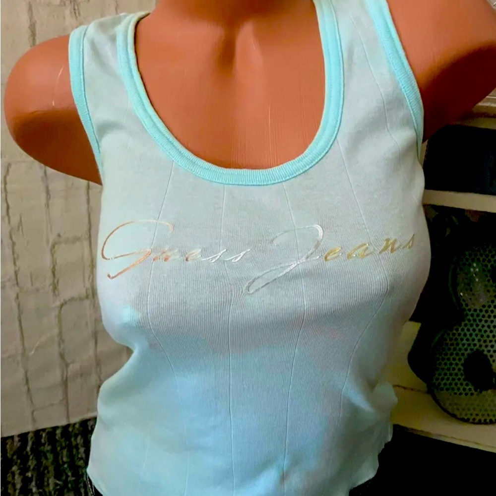 GUESS  Womens Logo Lt. Turquoise Scoop Neck Sleeveless Tank Top Sz L NEW!